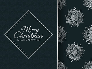 Holiday collection with greeting card and seamless pattern for Christmas and New Year. Luxury stylish set for your card, banner, background, wrapping gift paper, package or fabric.