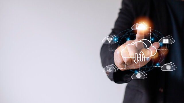 Icon cloud computing network and icon connection data information. Cloud computing and technology concept.