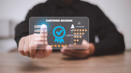 Customer review satisfaction feedback survey concept, User give rating to service experience on online application, service leading to reputation ranking of business.