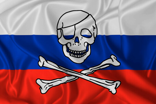 Russian pirate flag waving in the wind with a skull and crossbones on the fabric texture