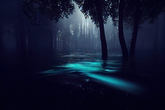 dark and misty forest trees in the water Generative AI
