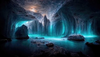 AI generated image of the inside of a glacial ice cave somewhere in Iceland 