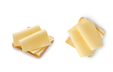 Set of toasts with sliced cheese on bread. Assortment of sandwiches with gouda cheese isolated on a...