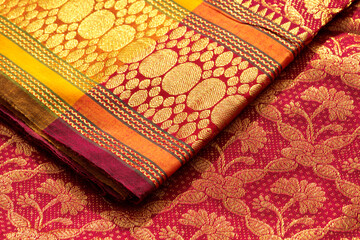 Indian silk sari close up. Background - obrazy, fototapety, plakaty