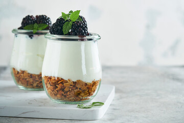 Yogurt with granola, blackberry berry fruits and muesli served in glass jar on gray concrete table...