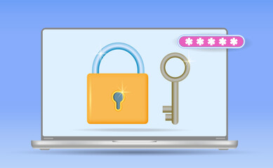 Laptop with screen lock and password on the screen. 
The concept of computer data protection, privacy, security and encryption Vector illustration, 3D.