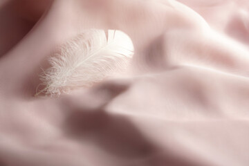 white feather on pink fabric. powdery color. gentle pink background. ease.