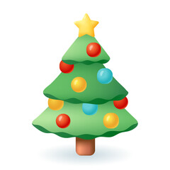 Christmas tree with decorations 3D icon. Three-dimensional green fir tree with colorful baubles and golden star vector illustration on white background. Christmas, New Year, winter holidays concept