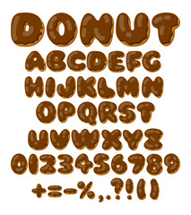Alphabet letters as chocolate doughnuts vector illustrations set. Word donut made from brown letters and ABC isolated on white background. Education, dessert, food concept
