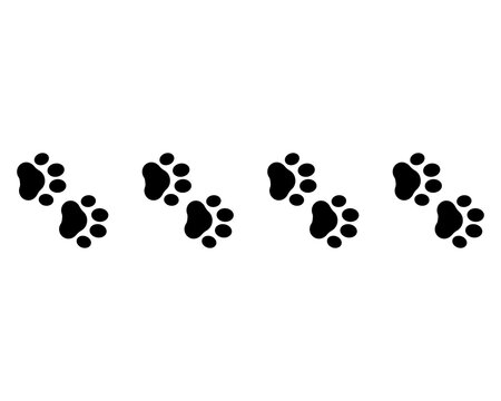 Paw for pets, dog or cat. Footprints paws. Cute animal footprint. Pattern foot pet for design prints. Black border shape steps on isolated white background. Tracing foots. Vector illustration