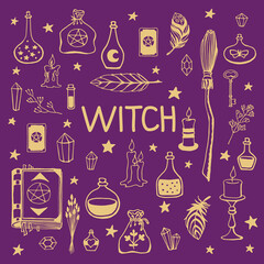 Witchcraft, magic background for witches and wizards. Hand drawn magic tools, concept of witchcraft.