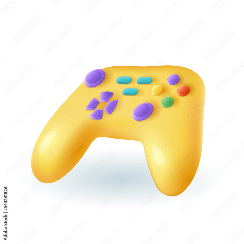 Poster yellow wireless game controller 3d icon. joystick with colorful buttons for console or computer 3d v