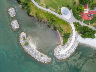 Aerial view of a breakwater in Burlington Ontario