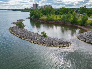 Aerial view of a breakwater in Burlington Ontario