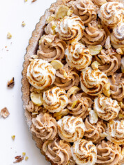 Chestnut oval-shaped no-bake creamy tart, close up, dusted with powdered sugar with burned meringue 