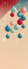 Merry Christmas background, festive xmas balls baubles decorations creative illustration, Happy New Year trendy winter decor card backdrop concept.