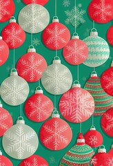 Merry Christmas background, festive xmas balls baubles decorations creative illustration, Happy New Year trendy winter decor card backdrop concept.