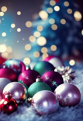 Merry Christmas background, festive xmas balls baubles decorations creative illustration, Happy New Year trendy winter decor card backdrop concept.