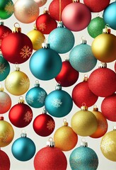 Merry Christmas background, festive xmas balls baubles decorations creative illustration, Happy New Year trendy winter decor card backdrop concept.