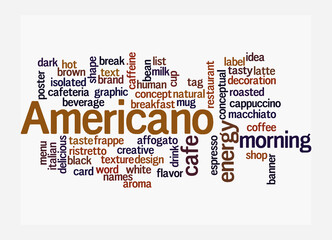 Word Cloud with AMERICANO concept, isolated on a white background