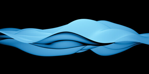Abstract floating curvy blue 3D waveform object or sound waves isolated on black background
