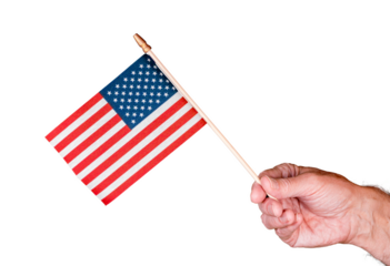 Senior man hand holding a small USA flag isolated against white