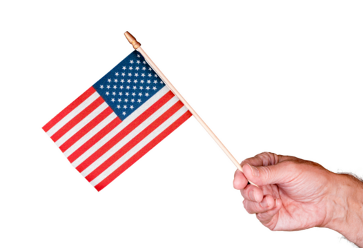 Senior man hand holding a small USA flag isolated against white