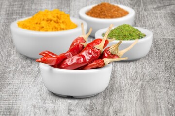 Food ingredient. Set of different seasoning in bowls.