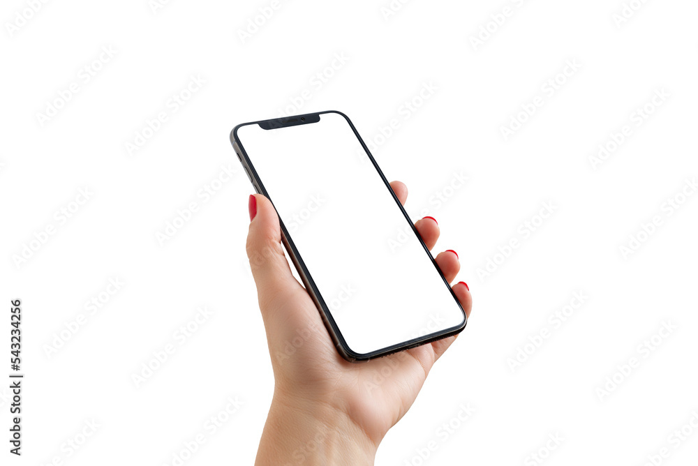Poster smartphone with notch in woman hand close-up. isolated screen and background in white for app presen