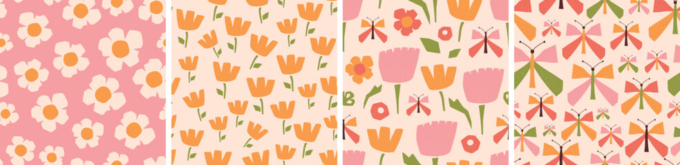 Floral paper cut. Pink daisy patterns set. Geometric floral shapes, butterfly seamless pattern collection. Yellow summer collage geometric flowers. Vector illustration. Daisy background, textile.