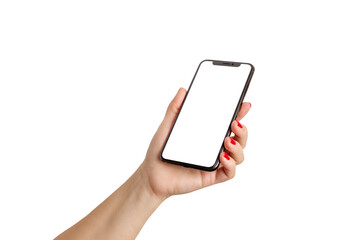 Woman hand holding phone with empty screen on white isolated background