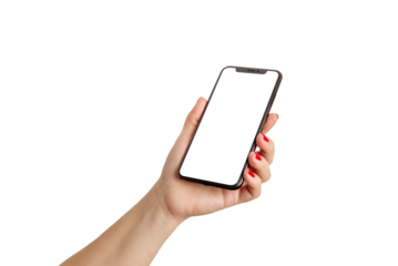 Woman hand holding phone with empty screen on white isolated background
