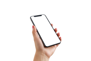 Smartphone with notch in woman hand close-up. Isolated screen and background in white for app presentation