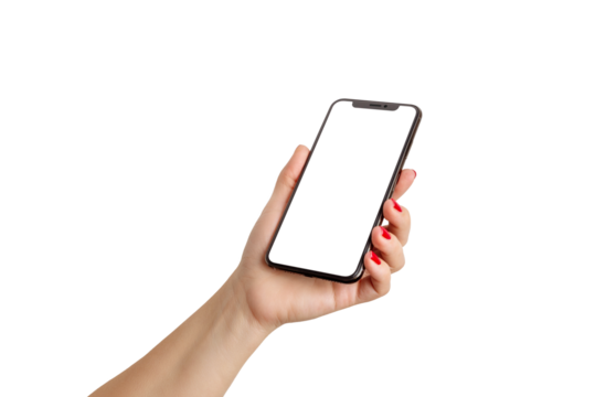 Woman hand holding phone with empty screen on white isolated background - Powered by Adobe