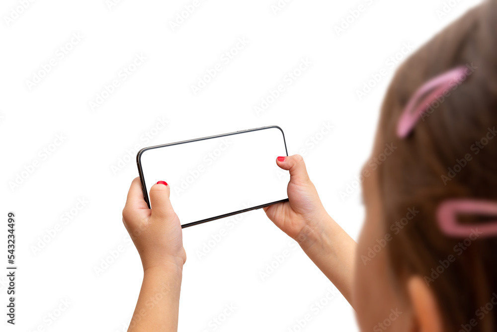Poster girl holding smart phone in horizontal position. isoalted display and background. playing game or wa