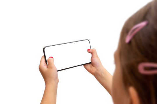 Girl holding smart phone in horizontal position. Isoalted display and background. Playing game or watch video concept