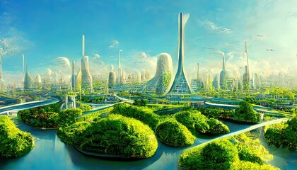 Utopian civilisation, utopic city, future of humanity,, architecture of tommorow, utopic world. - obrazy, fototapety, plakaty