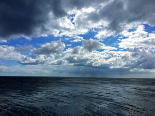 Fototapeta na wymiar Dramatic stormy dark cloudy sky over sea, natural photo background. cloudy blue sky over the ocean surface.