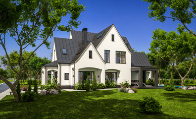 Fototapeta na wymiar 3d rendering of cute cozy white and black modern Tudor style house with parking and pool for sale or rent with beautiful landscaping. Fairy roofs. Clear sunny summer day with blue sky.