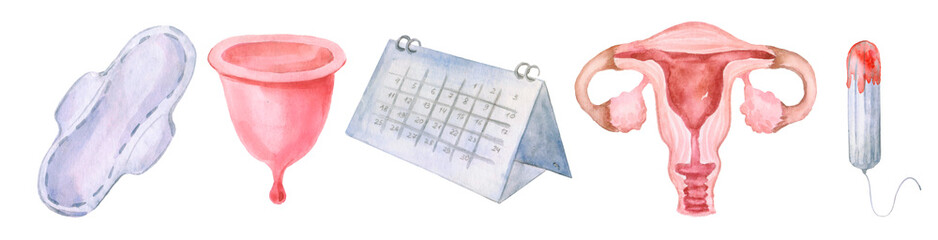 Feminine hygiene set. Hand-drawn cartoon collection of monthly period stuff - sanitary napkin, tampon, menstrual cup, panties, monthly calendar. Doodle drawing. Watercolor illustration