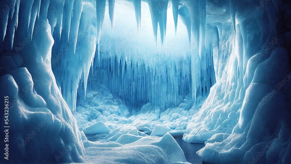 Poster ai generated ice cave with icicles on the exit