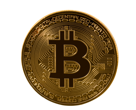 Single bitcoin macro image isolated against white