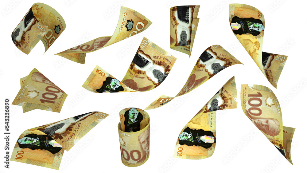 Aufkleber 3d rendering of 100 canadian dollar notes flying in different angles and orientations isolated on wh