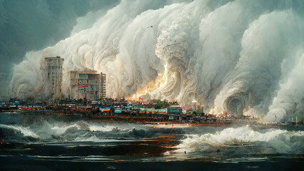 Disaster in a coastal city. Tsunamis and fires. Abstract Art