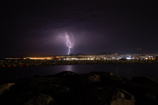 Massive Lightning Strike Over the Eilat city Suburbs Lights
