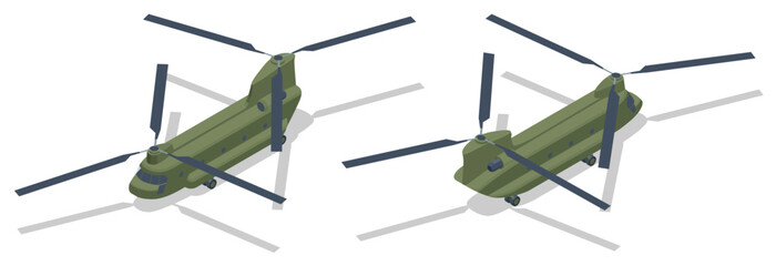Isometric Chinook is a tandem-rotor helicopter developed. Chinook is a heavy-lift helicopter that is among the heaviest-lifting Western helicopters. - obrazy, fototapety, plakaty