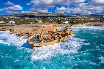 Historic Edro III Shipwreck site on the shore of the water in Cyprus