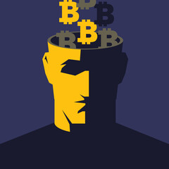 Crypto investor. Male open head with words Bitcoin symbols inside. Clipping mask used.