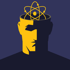Scientist. Male open head with atom symbol inside. Clipping mask used.