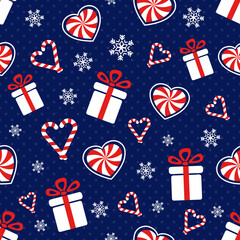 Christmas presents. Seamless vector illustration with gift boxes, candy canes and snowflakes. Winter backdrop - 543238214
